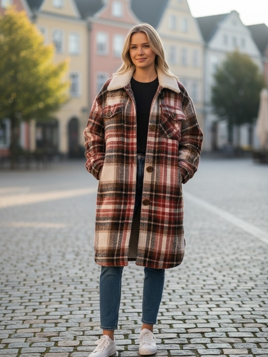24/7 Maurices Sweaters - Maurices Plaid Sherpa Collar Long Cardigan Jacket - Brown & Red Plaid Sz 4X